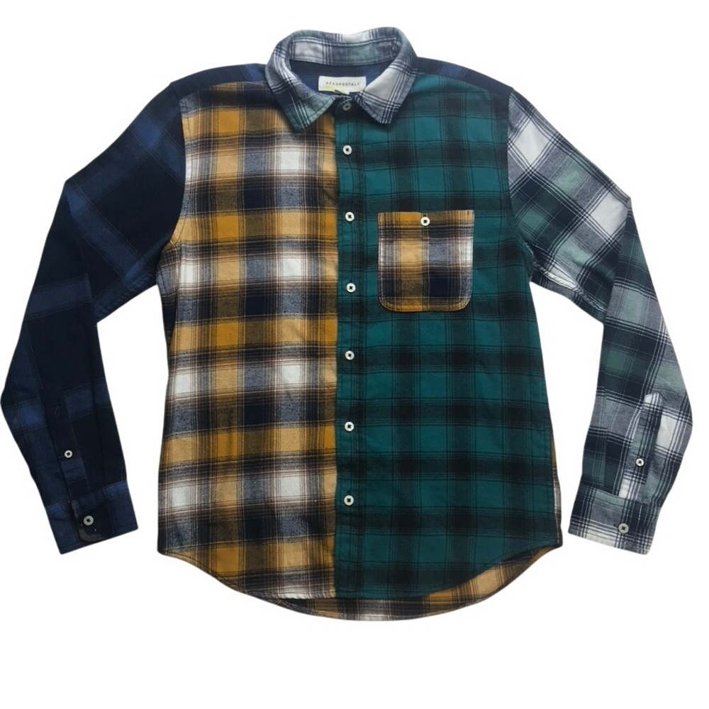 Aeropostale Mens Plaid Patchwork Flannel Long Sleeve Button Up Shirt‎ XS